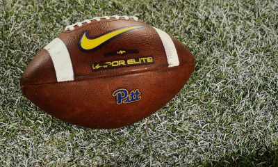 A Pitt football lays on the turf on Saturday, Sept. 30, 2023 in Blacksburg, Virginia. (Mitchell Northam / Pittsburgh Sports Now.)