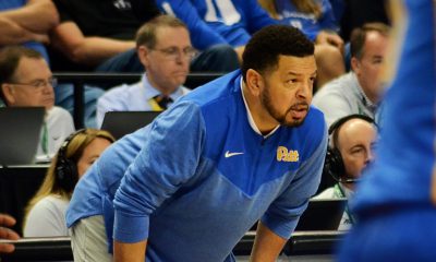 Jeff Capel watches as Pitt faces Duke in the ACC Tournament quarterfinals in Greensboro, N.C. on March 9, 2023. (Mitchell Northam / Pittsburgh Sports Now)